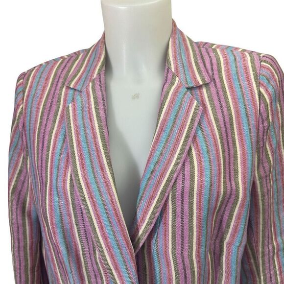 Akris Punto Striped Blue Pink Notched Collar Blazer Jacket 100% Linen sz 12USA - Picture 2 of 11